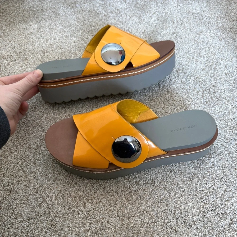 Zara Y2K 90s Platform Slip On Sandal Mules Mustard Yellow Size 38 - Picture 4 of 11